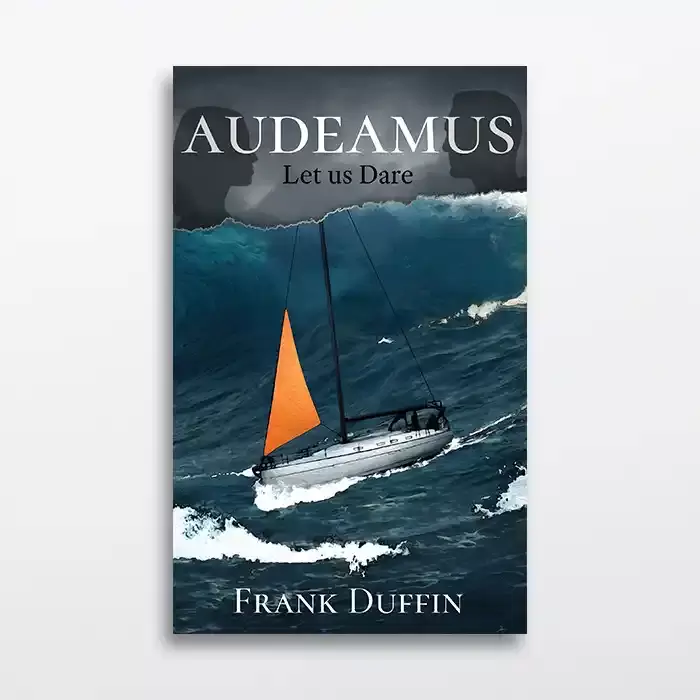 Nautical book cover design with a boat on the ocean