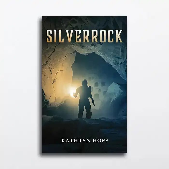 Science fiction book cover design of alien in cave